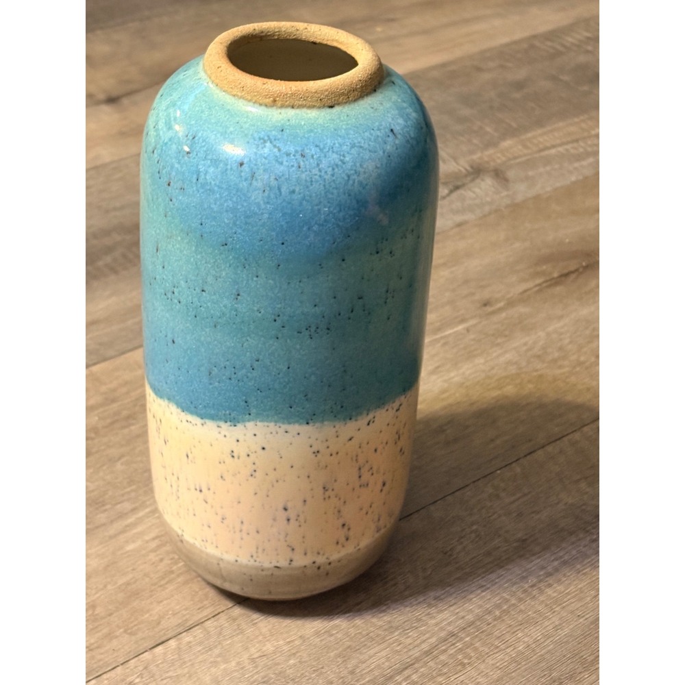 Handmade Studio Pottery Ceramic Vase Turquoise Blue Cream Speckled Glaze 9 inch